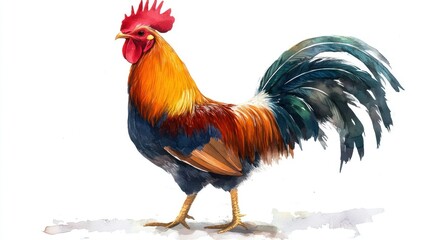 Fototapeta premium Watercolor Painting of a Rooster with a Large Tail