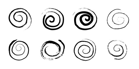 Spiral abstract circle, swirl brush stroke hypnosis psychedelic shape, geometric textured form. Concetric grunge irregular free hand doodle meander.