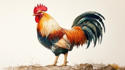 Fototapeta premium Watercolor Painting of a Rooster with a Red Comb and Blue Feathers