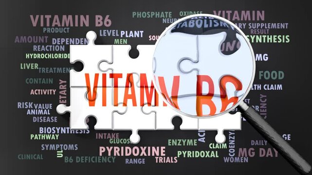 Vitamin B6 under magnifying glass, being researched, studied and examined. Most important subjects and ideas closely related to vitamin b6 written around a puzzle.Can be looped.