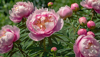 Fototapeta premium Delicate pink peony flowers bloom in a flowerbed on a summer day. Close-up.