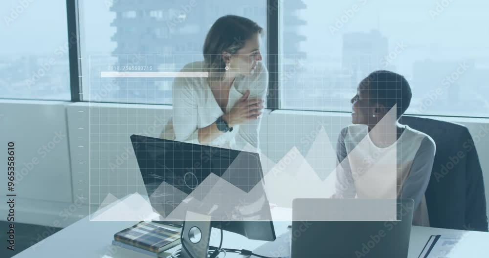 Poster animation of financial data processing over diverse colleagues discussing work in office