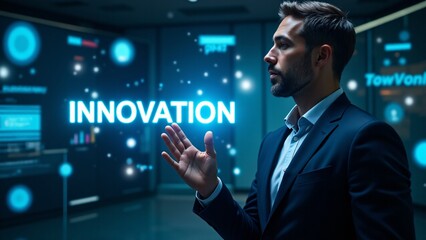 A businessman interacts with a glowing "Innovation" sign in a futuristic digital environment