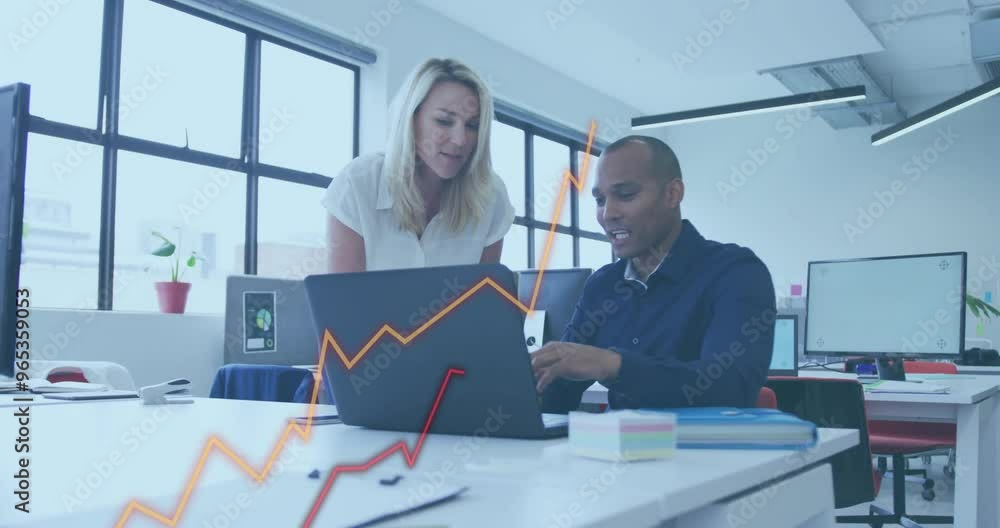 Poster animation of financial data processing over diverse colleagues discussing work in office