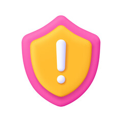 Security shield with exclamation point. Cyber safety, security and protection, warning attention and risk concept. 3d vector icon. Cartoon minimal style.