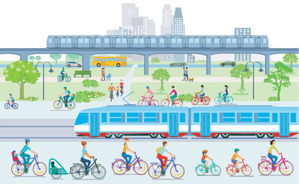Radfahrer mit Strassenbahn und Hochbahn, Illustration.eps