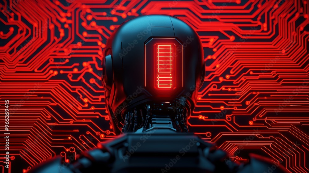 Poster futuristic cybernetic enhancement exoskeleton with glowing circuits -