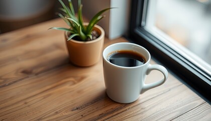 Soft focus blur Hot coffee cup of black,coffee and tea on wooden table in the morning.