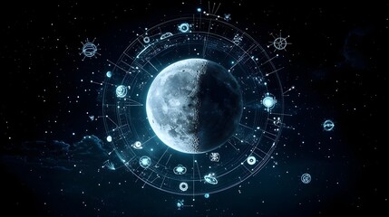 Obraz premium Celestial Moon Phases with Zodiac Symbols in Serene Night Sky Landscape
