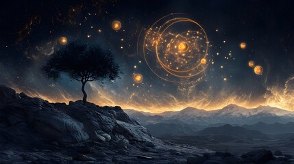 Fototapeta premium Celestial Landscape with Zodiac Planetary Alignment in the Night Sky