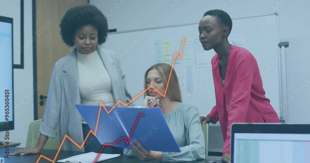 Aufkleber animation of financial data processing over diverse colleagues discussing work in office