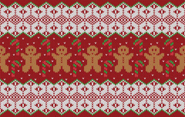 Knitted pattern seamless fabric gingerbread and snow. traditional knitted pattern Christmas cookies vector. Designed for background ,wallpaper ,clothing ,knitted pattern ,fabric ,embroidery ,textile