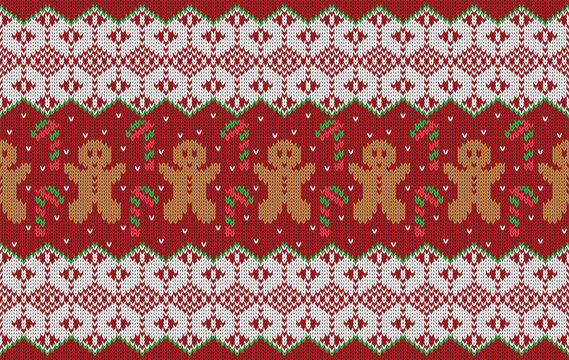 Fototapeta Knitted pattern seamless fabric gingerbread and snow. traditional knitted pattern Christmas cookies vector. Designed for background ,wallpaper ,clothing ,knitted pattern ,fabric ,embroidery ,textile