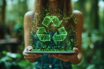 Woman holding a tablet with a glowing green recycle symbol.