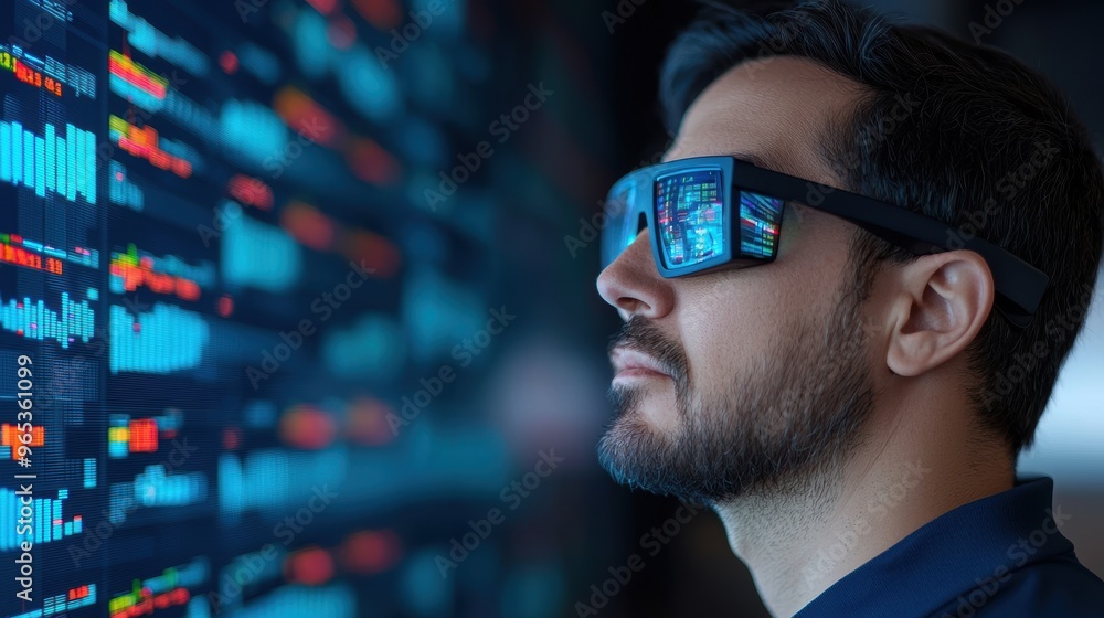 Poster futuristic holographic interface for financial analytics with floating data points and advanced visu