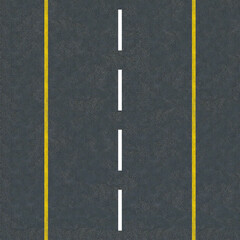 Level asphalted road with two yellow dashed white stripe and pedestrian crossing top view