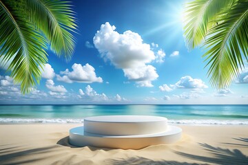 Tropical 3D Podium Ideas. Artistic Tropical Podium. 3D Podium with Palm Trees. Tropical Podium Presentation. Stylish Tropical