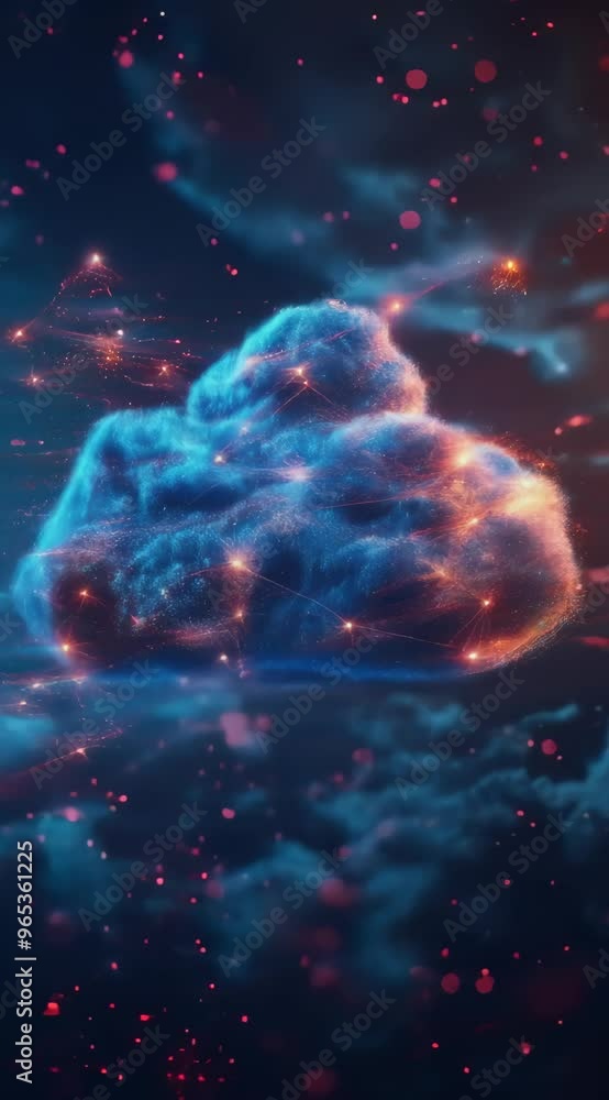 Poster a blue cloud with red lines and dots surrounding it. the image is of a starry sky with a cloud in th