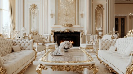 Opulent Living Room with Fireplace and Ornate Furniture.