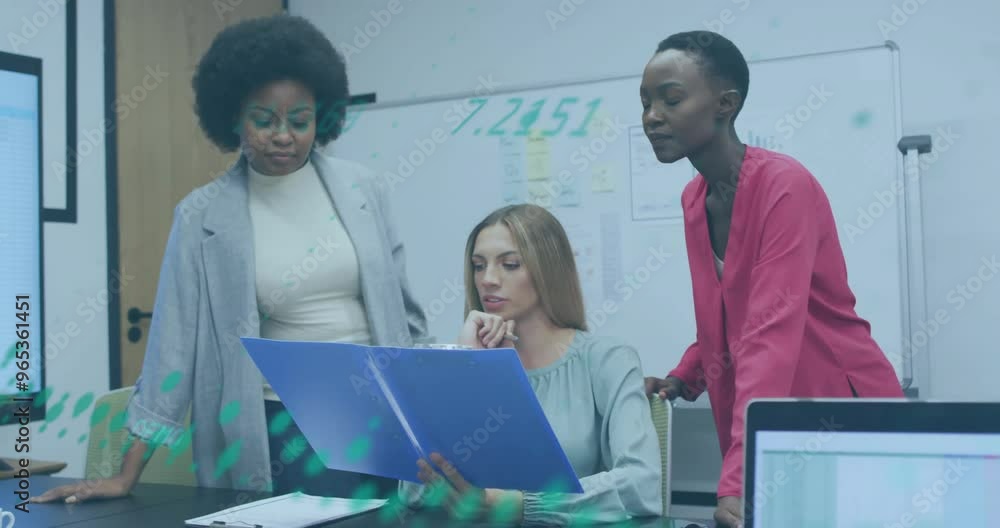 Poster animation of financial data processing over diverse colleagues discussing work in office