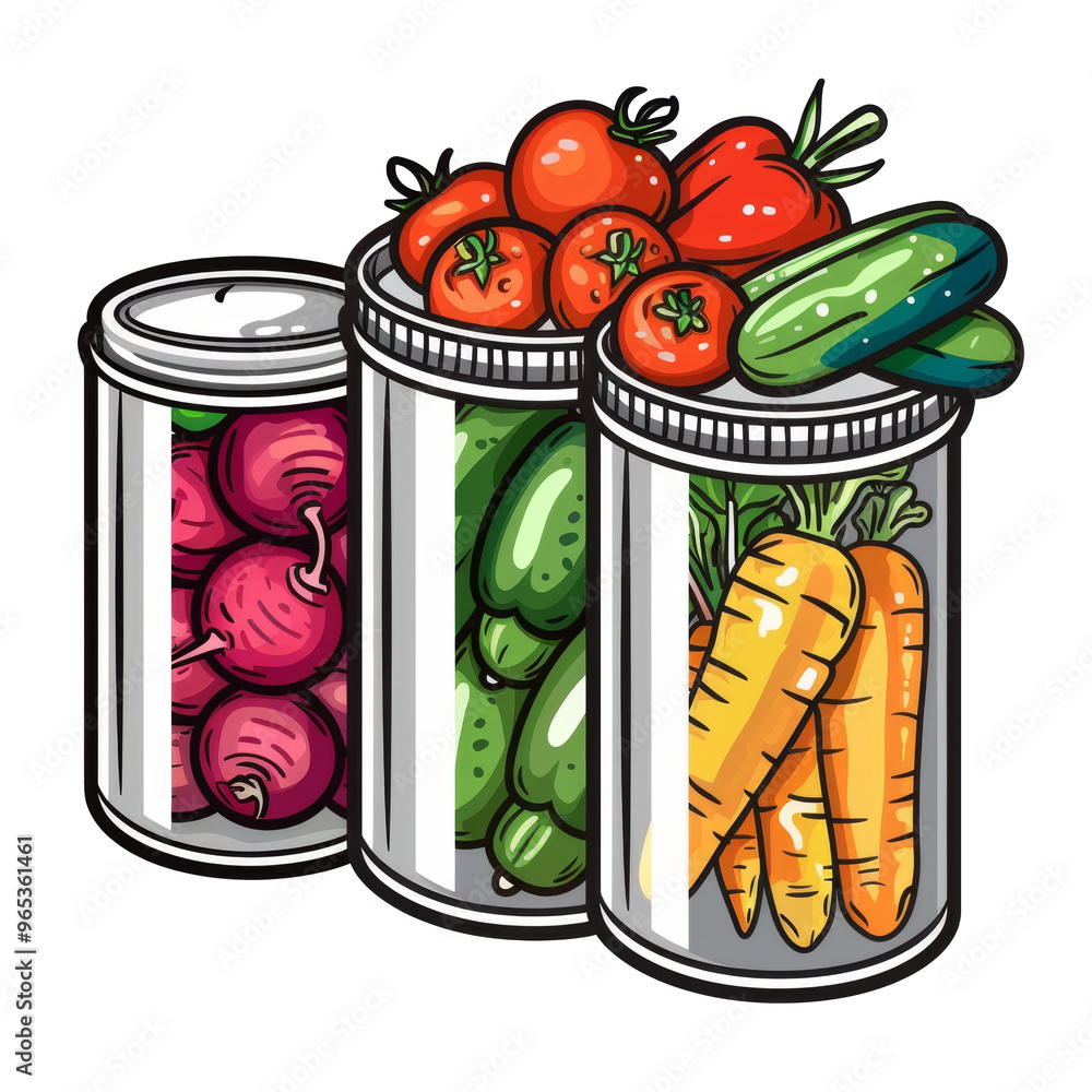 Wall mural a colorful illustration of three glass jars filled with different vegetables, including tomatoes, cu