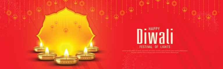 Happy Diwali - festival of lights colorful banner template design with decorative diya lamp.