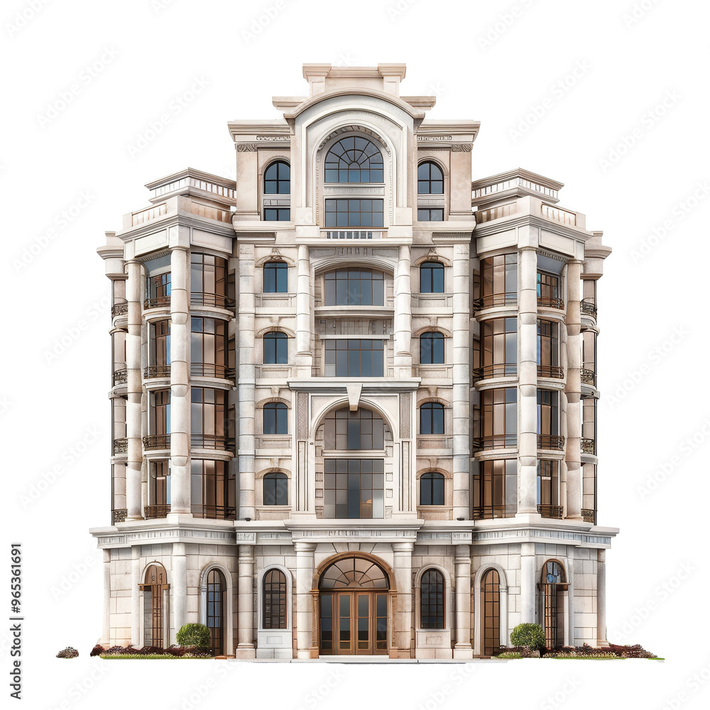 Poster elegant multi-story building featuring classical architecture in an urban setting, showcasing intric