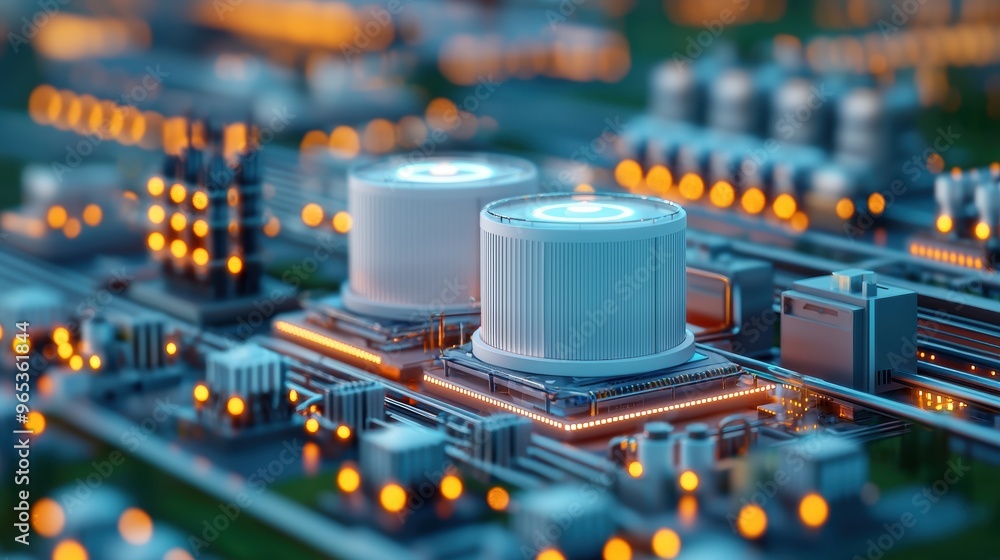 Poster futuristic smart grid cityscape with interconnected power sources in