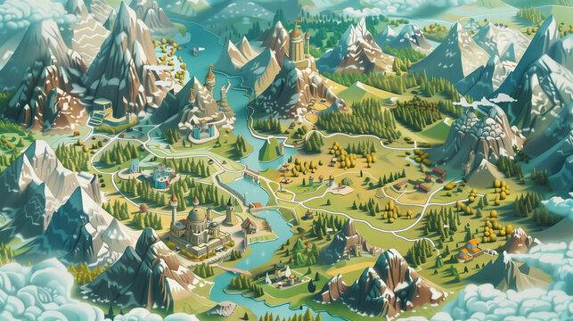 Detailed fantasy world map illustration featuring snowy mountains, forests, and rivers