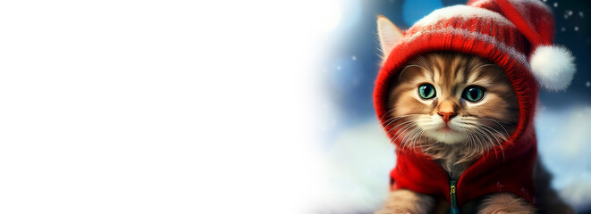 Extreme close-up of a cute little kitten dressed as Santa Claus while looking at the camera on a cold winter day while it is snowing. Template for a winter or Christmas greeting card. Generative Ai.