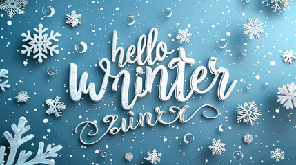 White snowflakes and hello winter text on blue background