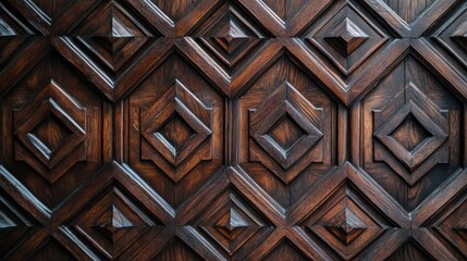Exquisite Geometric Woodwork Design on Dark-Stained Wooden Wall Background