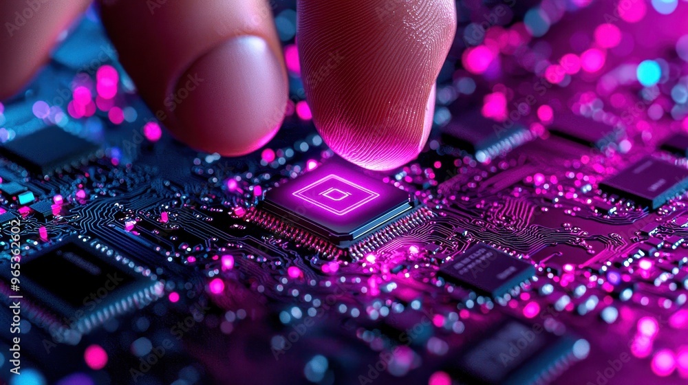 Aufkleber close-up of a finger touching a vibrant microchip on a circuit board, illuminated by colorful led li