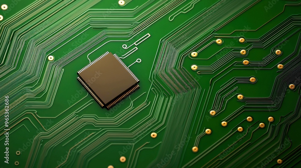 Poster detailed close-up of a circuit board showcasing intricate pathways and a microchip on a vibrant gree