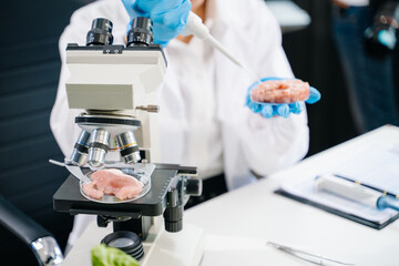 Food scientists in lab coats, testing samples, and analyzing food safety and quality in a laboratory