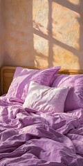 Cozy bedroom scene featuring a bed with soft purple linens and pillows, illuminated by natural light through a window.