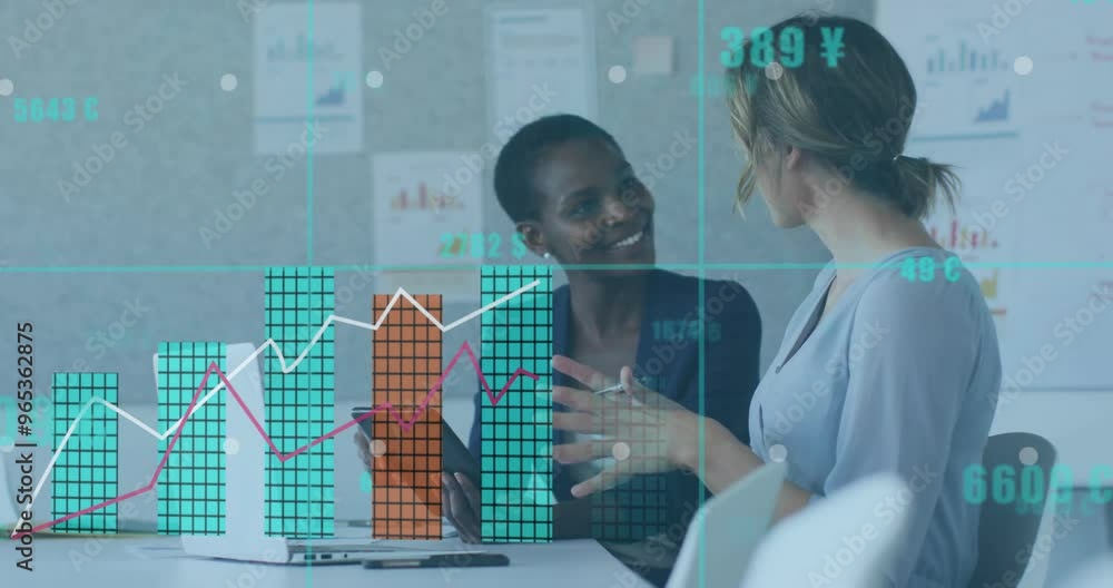Poster animation of financial data processing over diverse colleagues discussing work in office