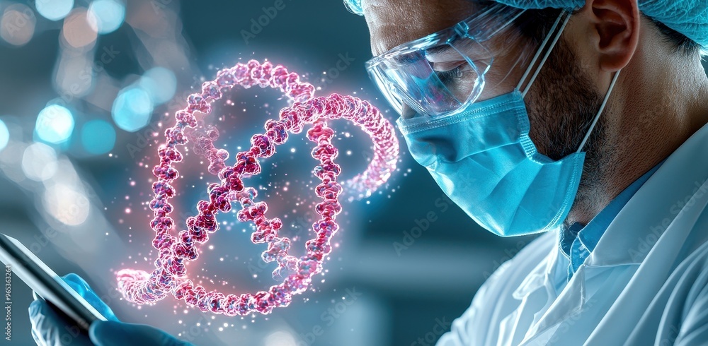 Poster a scientist observing a digital dna structure with a microscope, showcasing advanced biotechnology i