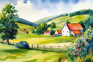 Obraz premium Charming Countryside Landscape Wallpaper Design in Watercolor