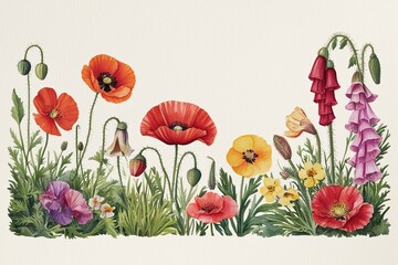 Enchanting Watercolor Floral Border Design with Poppy Foxglove and Primrose for Botanical Garden Greeting Cards