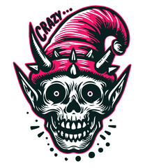 Crazy smiling gnome skull wearing a pink hat in a fun, quirky design. This fantasy-inspired character adds a whimsical and edgy twist, perfect for Halloween, gothic art, or fantasy-themed projects