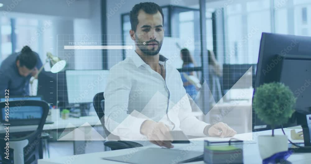 Poster animation of financial data processing over biracial businessman using smartphone in office