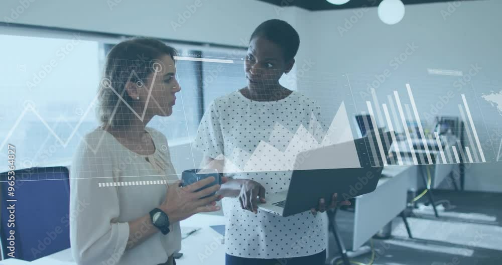 Poster animation of financial data processing over diverse colleagues discussing work in office