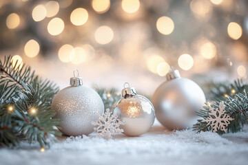 White cozy christmas background with christmas balls and christmas tree branches with warm lights, beige white colors and christmas atmosphere, glamour christmas background