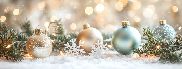 White cozy christmas background with christmas balls and christmas tree branches with warm lights, beige white colors and christmas atmosphere, glamour christmas background