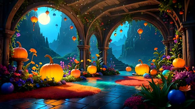 Magical garden with glowing pumpkins and lanterns under moonlight. Seamless looping 4k time-lapse video background
