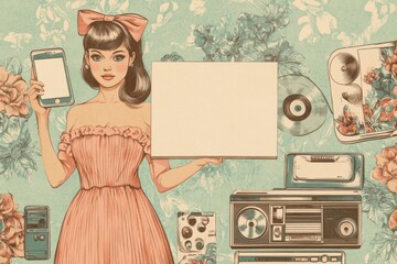 Retro pin up girl holding a phone and blank sign, surrounded by vintage electronics