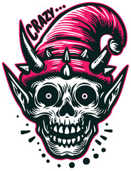 Crazy smiling gnome skull wearing a pink hat in a fun, quirky design. This fantasy-inspired character adds a whimsical and edgy twist, perfect for Halloween, gothic art. PNG sticker