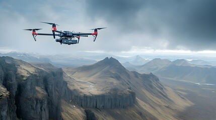 Fototapeta na wymiar Drone with Mini Radar Mapping Mountainous Terrain from Above