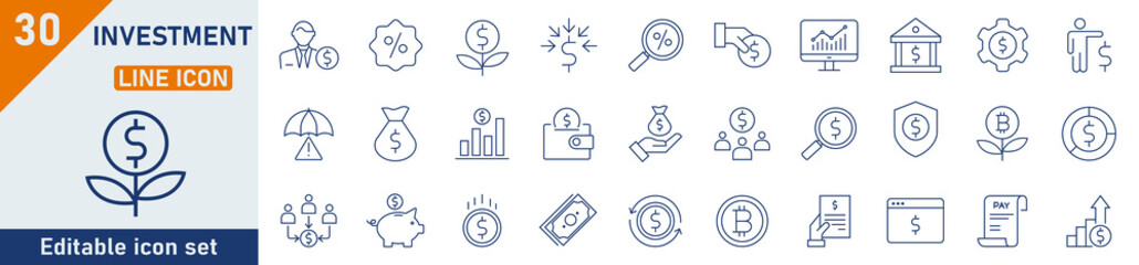 Investment line icon set. Set of 30 outline icons related to investment, investor, asset, profit, portfolio, fund, dividend and others. Investment outline icons collection. Vector illustration.